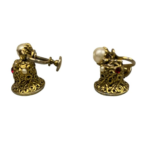 Rare Vintage Gold Tone Jingle Bell and Faux Pearl Dangle Clip on Earrings Christ - Picture 3 of 4